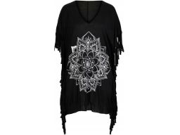 B.P.C czarna tunika plażowa z nadrukiem mandala i frędzlami 40/42