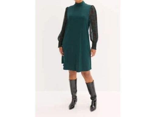 B.P.C sukienka butelkowa zieleń z szyfonowymi rękawami 52/54.