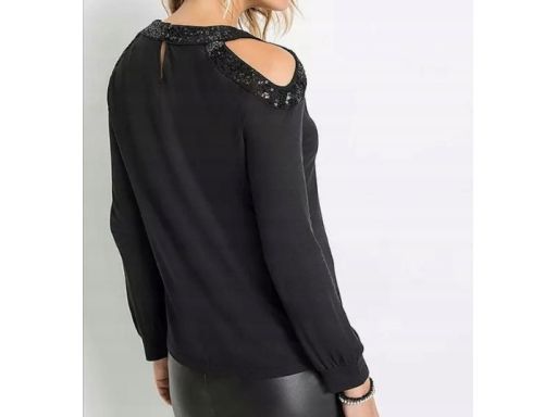 B.P.C bluzka świąteczna czarna z nadrukiem i wycięciami z cekinami 40/
