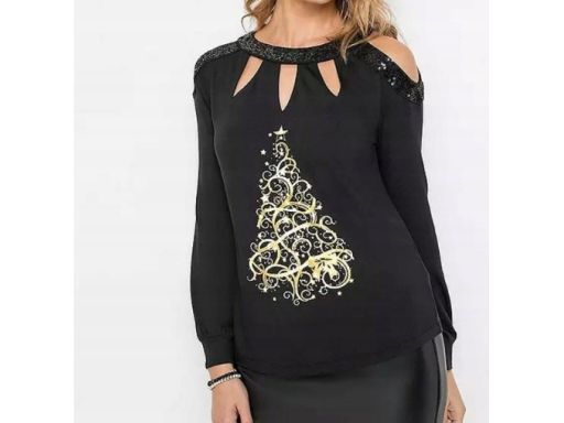 B.P.C bluzka świąteczna czarna z nadrukiem i wycięciami z cekinami 40/