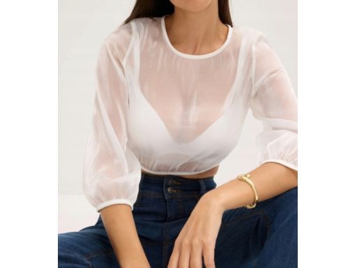 B.P.C damska bluzka krótka w stylu ludowym prześwitujaca biała r.40