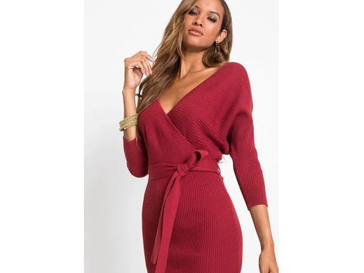 B.P.C sukienka dzianinowa bordo prążkowana z kopertowym dekoltem r.32/