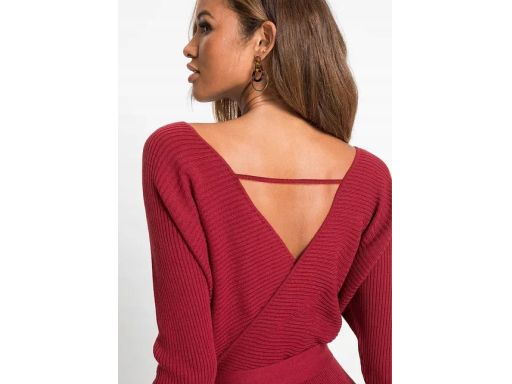B.P.C sukienka dzianinowa bordo prążkowana z kopertowym dekoltem r.32/