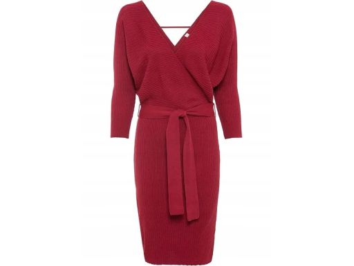 B.P.C sukienka dzianinowa bordo prążkowana z kopertowym dekoltem r.32/