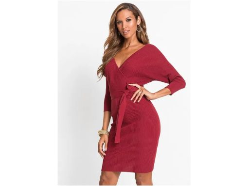 B.P.C sukienka dzianinowa bordo prążkowana z kopertowym dekoltem r.32/