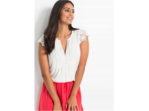 B.P.C śmietankowa bluzka plisowany dekolt z koronką ^32/34