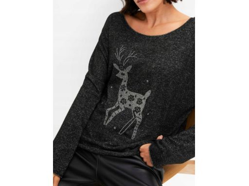 B.P.C antracytowy sweter z dżetami wzór jelonka ^56/58