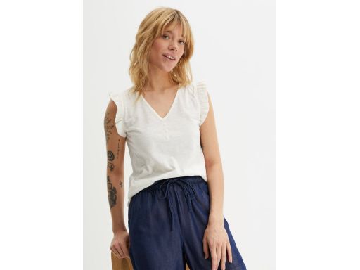 B.P.C t-shirt śmietankowy z falbankowymi rękawkami 40/42.