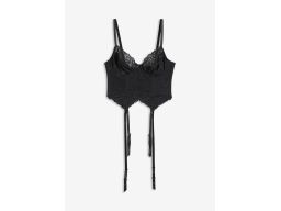 B.P.C krótki top gorsetowy czarny z koronką z paskami do pończoch ^85C