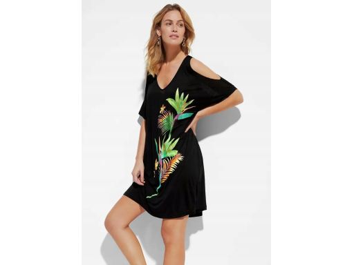 B.P.C sukienka plażowa czarna z kolorowym nadrukiem z wycięciami 36/38