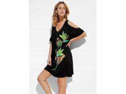 B.P.C sukienka plażowa czarna z kolorowym nadrukiem z wycięciami 36/38