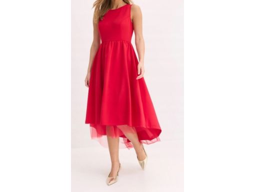 B.P.C czerwona sukienka wieczorowa z tiulem i dłuższym tyłem r.40/42