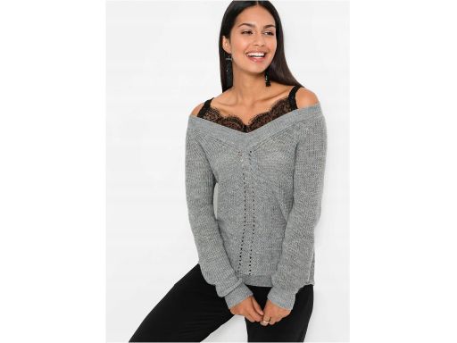 B.P.C sweter dzianinowy szary 2w1 z czarnym topem z koronką 32/34.