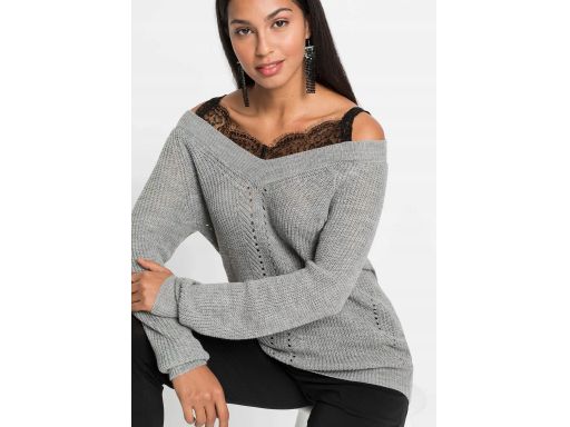 B.P.C sweter dzianinowy szary 2w1 z czarnym topem z koronką 32/34.
