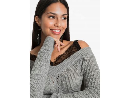 B.P.C sweter dzianinowy szary 2w1 z czarnym topem z koronką 32/34.