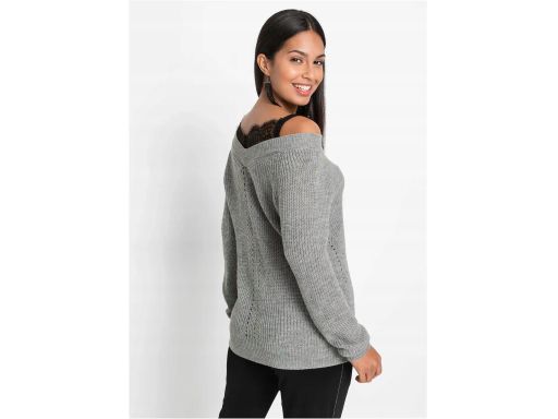 B.P.C sweter dzianinowy szary 2w1 z czarnym topem z koronką 32/34.