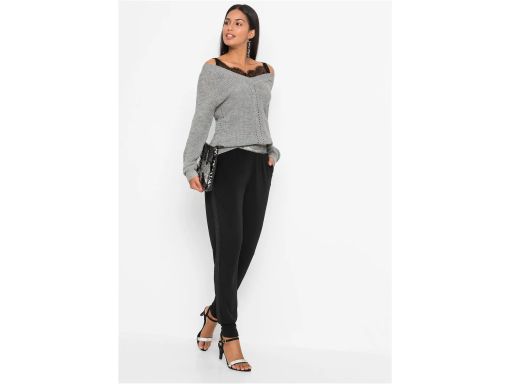 B.P.C sweter dzianinowy szary 2w1 z czarnym topem z koronką 32/34.