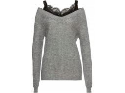 B.P.C sweter dzianinowy szary 2w1 z czarnym topem z koronką 32/34.