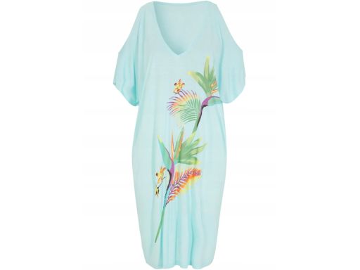 B.P.C sukienka tunika plażowa turkusowa z nadrukiem odkryte ramiona r.