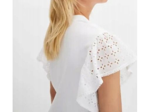 B.P.C bluzka t-shirt biała z marszczeniem i ażurowymi rękawkami ^36/38