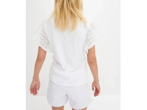 B.P.C bluzka t-shirt biała z marszczeniem i ażurowymi rękawkami ^36/38