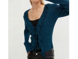 B.P.C sweterek dzianinowy prążkowany z wiązaniem i falbanką ^36/38