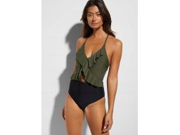 B.P.C kostium kąpielowy czarno-khaki z falbanką i wycięciem ^44