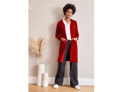 B.P.C długi sweter kardigan bez zapięcia z kapturem czerwony 56/58.