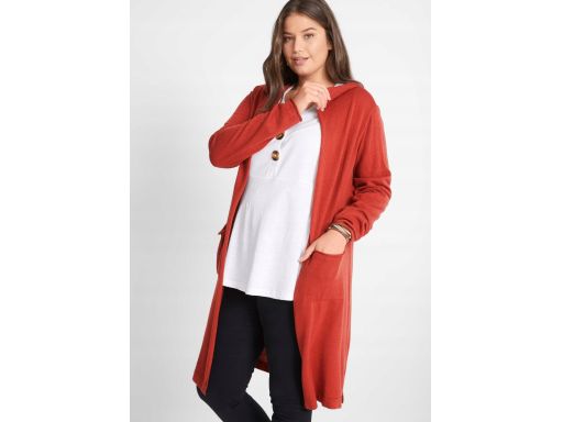 B.P.C długi sweter kardigan bez zapięcia z kapturem czerwony 56/58.