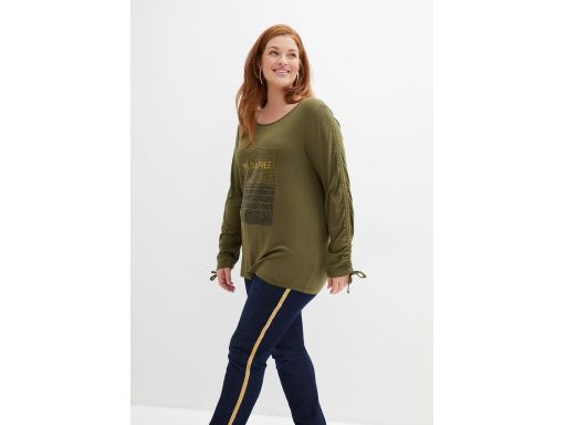 B.P.C bluzka khaki z nadrukiem złotym 36/38.