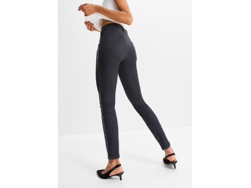 B.P.C szare jeansy damskie z lampasem z czarnej eko skóry 40.