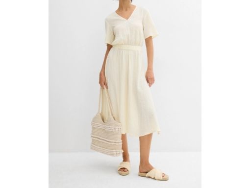 B.P.C śmietankowa sukienka midi z krepy ^54