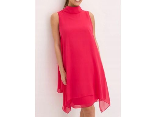 B.P.C sukienka szyfonowa różowa magenta z szalowym kołnierzem ^50