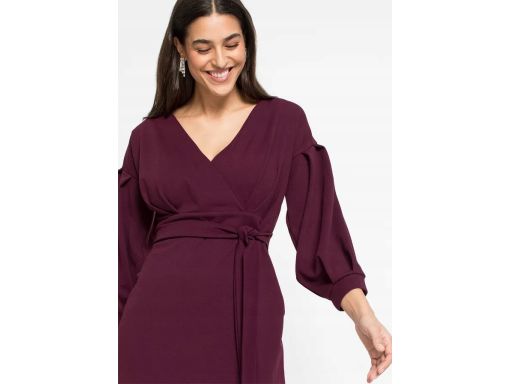 B.P.C ołówkowa sukienka śliwkowa z bufiastymi rękawami 40/42.