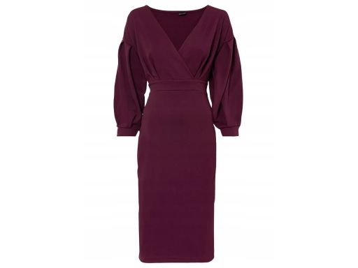 B.P.C ołówkowa sukienka śliwkowa z bufiastymi rękawami 40/42.