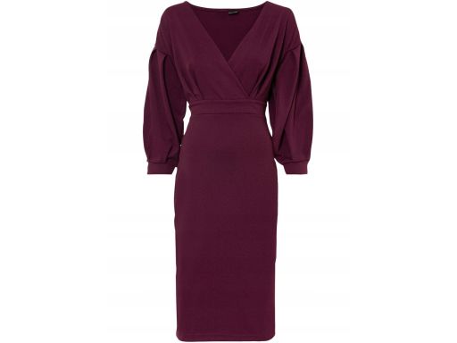 B.P.C ołówkowa sukienka śliwkowa z bufiastymi rękawami 40/42.