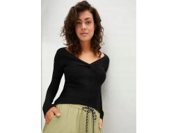B.P.C bluzka dzianinowa prążkowana czarna z marszczeniem ^40/42