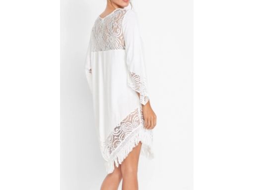 B.P.C sukienka plażowa tunika biała z ażurową koronką i frędzlami ^50