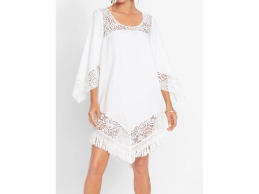 B.P.C sukienka plażowa tunika biała z ażurową koronką i frędzlami ^50