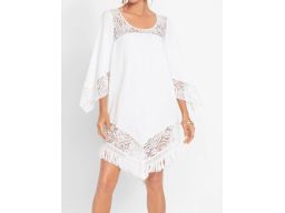 B.P.C sukienka plażowa tunika biała z ażurową koronką i frędzlami ^50