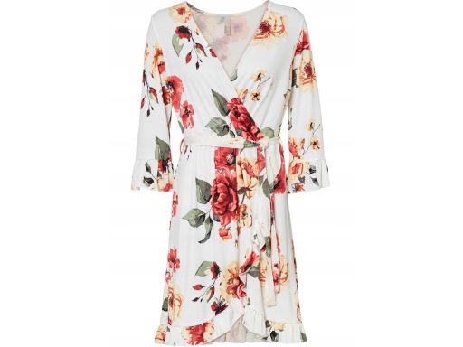 B.P.C sukienka kopertowa biała w kolorowe kwiaty ^36/38