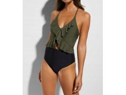 B.P.C kostium kąpielowy czarno-khaki z falbanką i wycięciem r.44