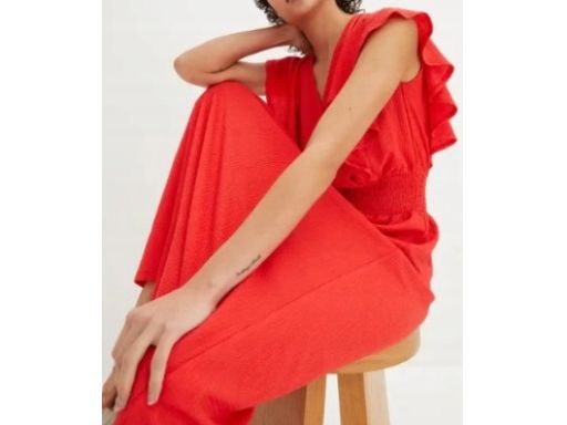 B.P.C czerwona sukienka krepowana z falbanką ^52/54