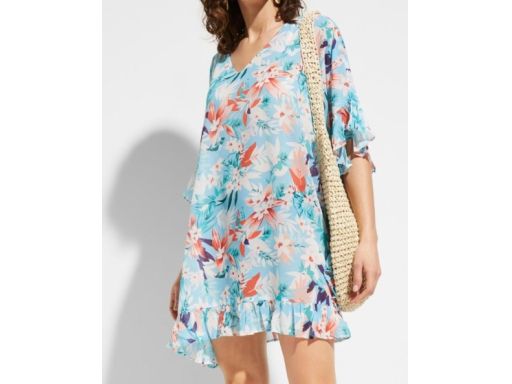 B.P.C szyfonowa tunika plażowa niebieska w kwiaty z falbankami ^36/38