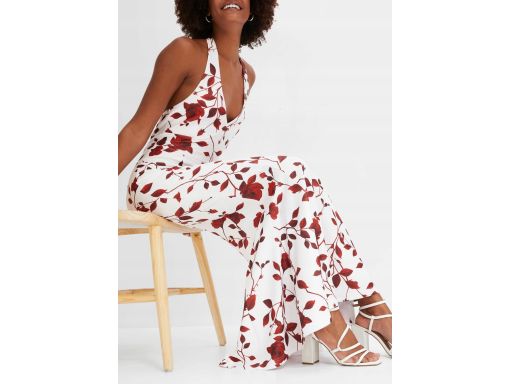 B.P.C długa sukienka biała w bordowe kwiaty z dekoltem halter ^36/38