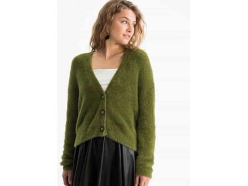B.P.C sweter rozpinany włochaty zielony oliwkowy 44/46.