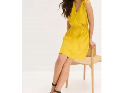 B.P.C sukienka lniana musztardowa z surowym wykończeniem 40.