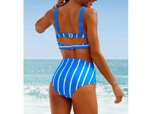 B.P.C bikini bandeau szafirowe w białe paski z figami z wysokim stanem