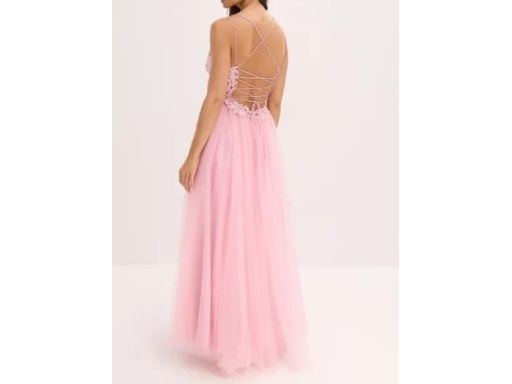 B.P.C długa sukienka różowa sznurowana tiulowa z koronką i z cyrkoniam