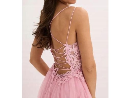 B.P.C długa sukienka różowa sznurowana tiulowa z koronką i z cyrkoniam